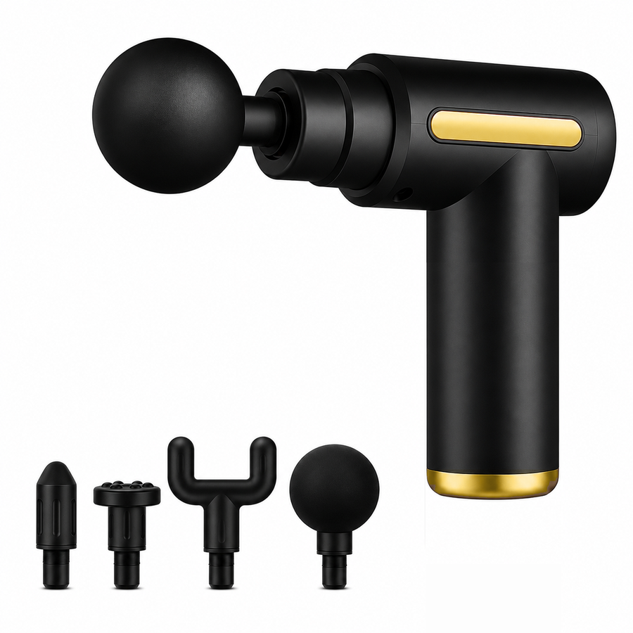 Rahava massage gun with 4 attachment heads on white background