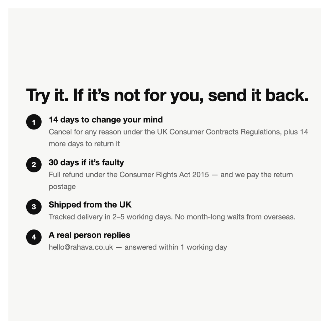 Returns and delivery - 14-day returns, 30-day faulty cover, tracked UK delivery